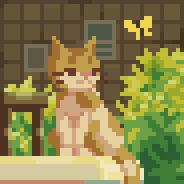 Pixel art of a cat sitting in front of a wooden wall with plants and a yellow butterfly