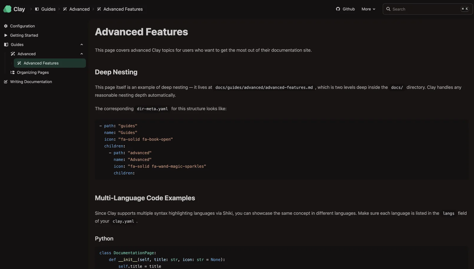 The Clay example docs site showing the Advanced Features page with sidebar navigation and highlighted code
